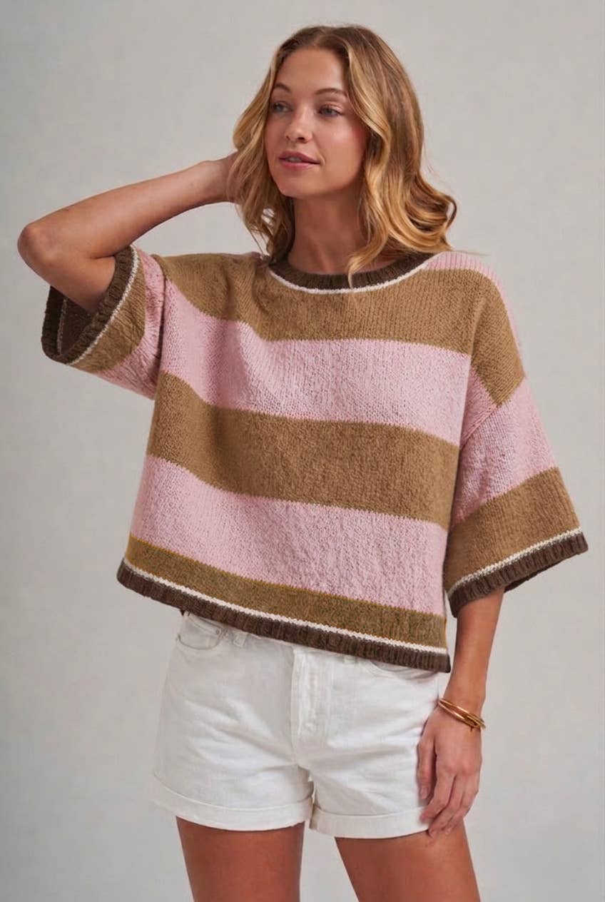 WIDE STRIPE LOOSE FIT DROP SHOULDER SWEATER TOP_JLT00303-01: SAGE/OLIVE / S-M-L(2-2-2)