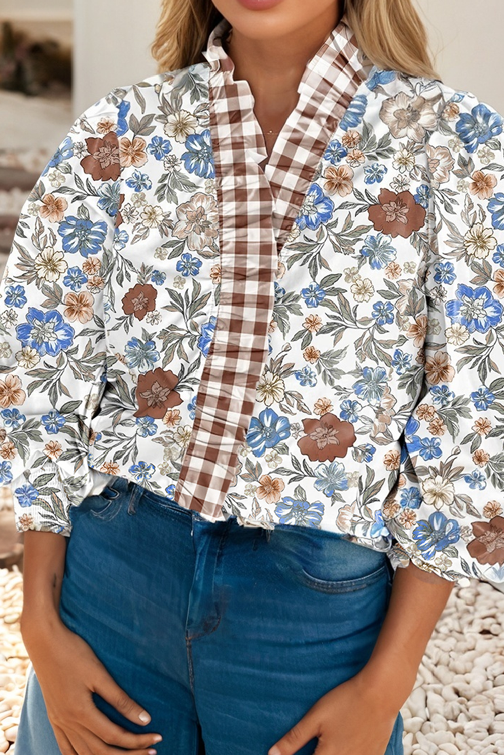 LDC Plaid Frilled Trim V Neck Floral Long Sleeve Blouse: Brown / XL