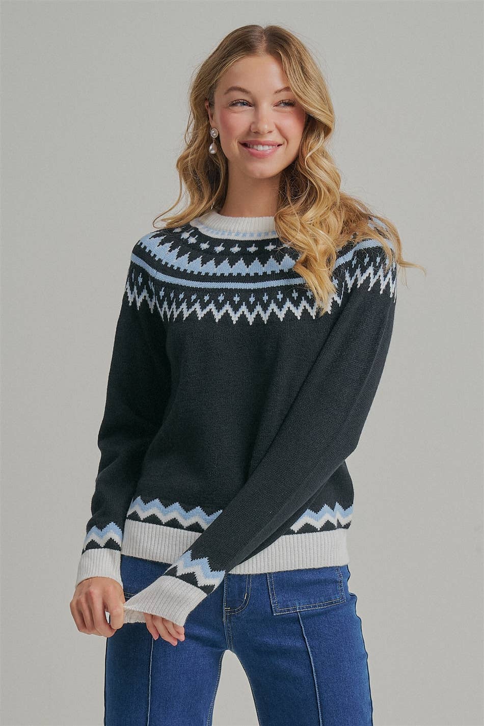 NORDIC FAIR ISLE CREWNECK SWEATER TOP_JLT00287-01: BLACK/BLUE / S-M-L(2-2-2)