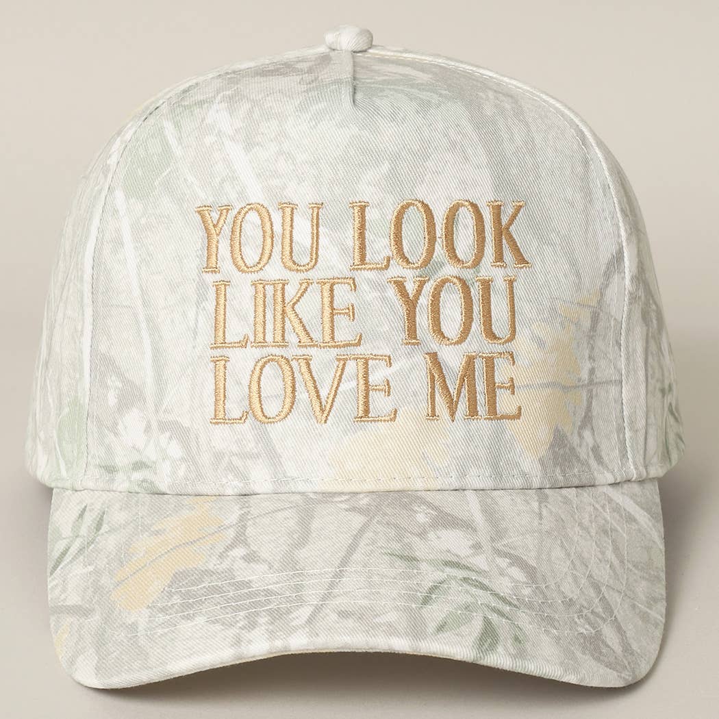 "You Look Like You Love Me" Embroidery Camo Cap: BEIGE CAMO-BEIGE