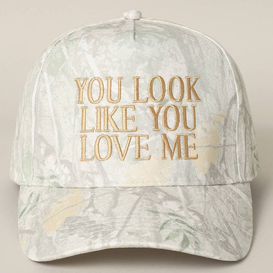 "You Look Like You Love Me" Embroidery Camo Cap: BEIGE CAMO-BEIGE