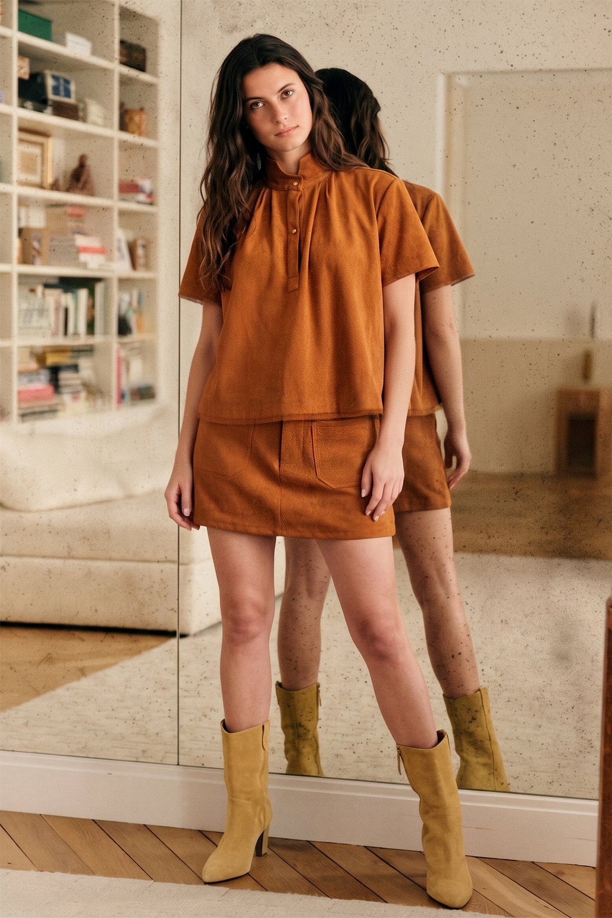 Suede-Look Soft Brush Stretchy Skort: Olive / L