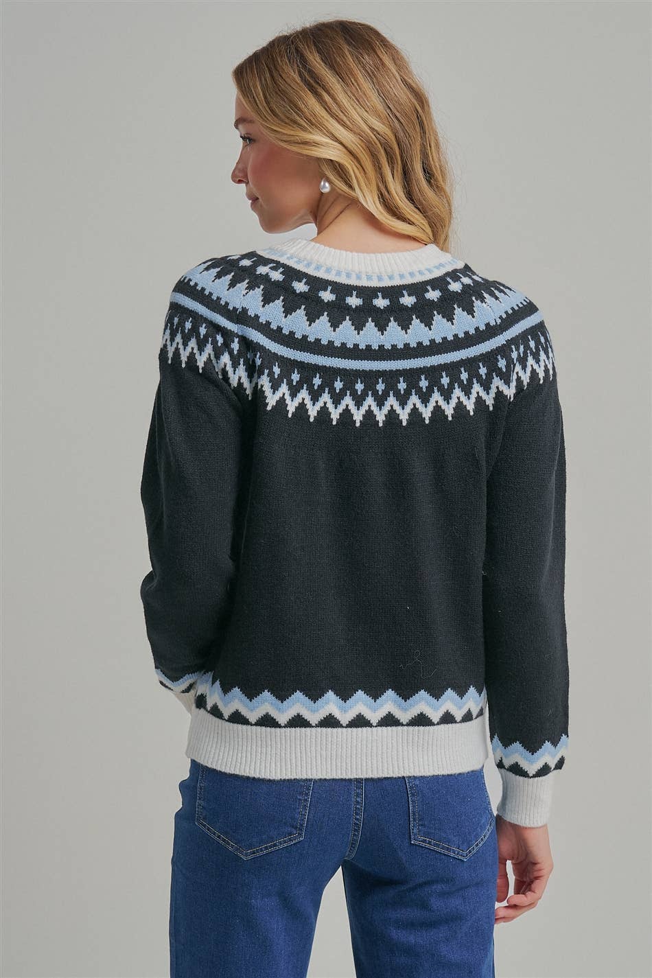NORDIC FAIR ISLE CREWNECK SWEATER TOP_JLT00287-01: BLACK/BLUE / S-M-L(2-2-2)