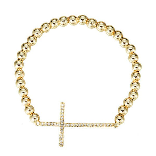 Pave CZ Cross Stretch Bangle Bracelet: Gold