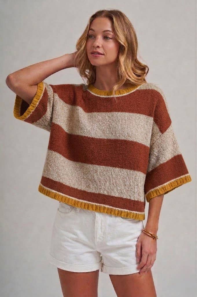 WIDE STRIPE LOOSE FIT DROP SHOULDER SWEATER TOP_JLT00303-01: BLUE/BROWN / S-M-L(2-2-2)