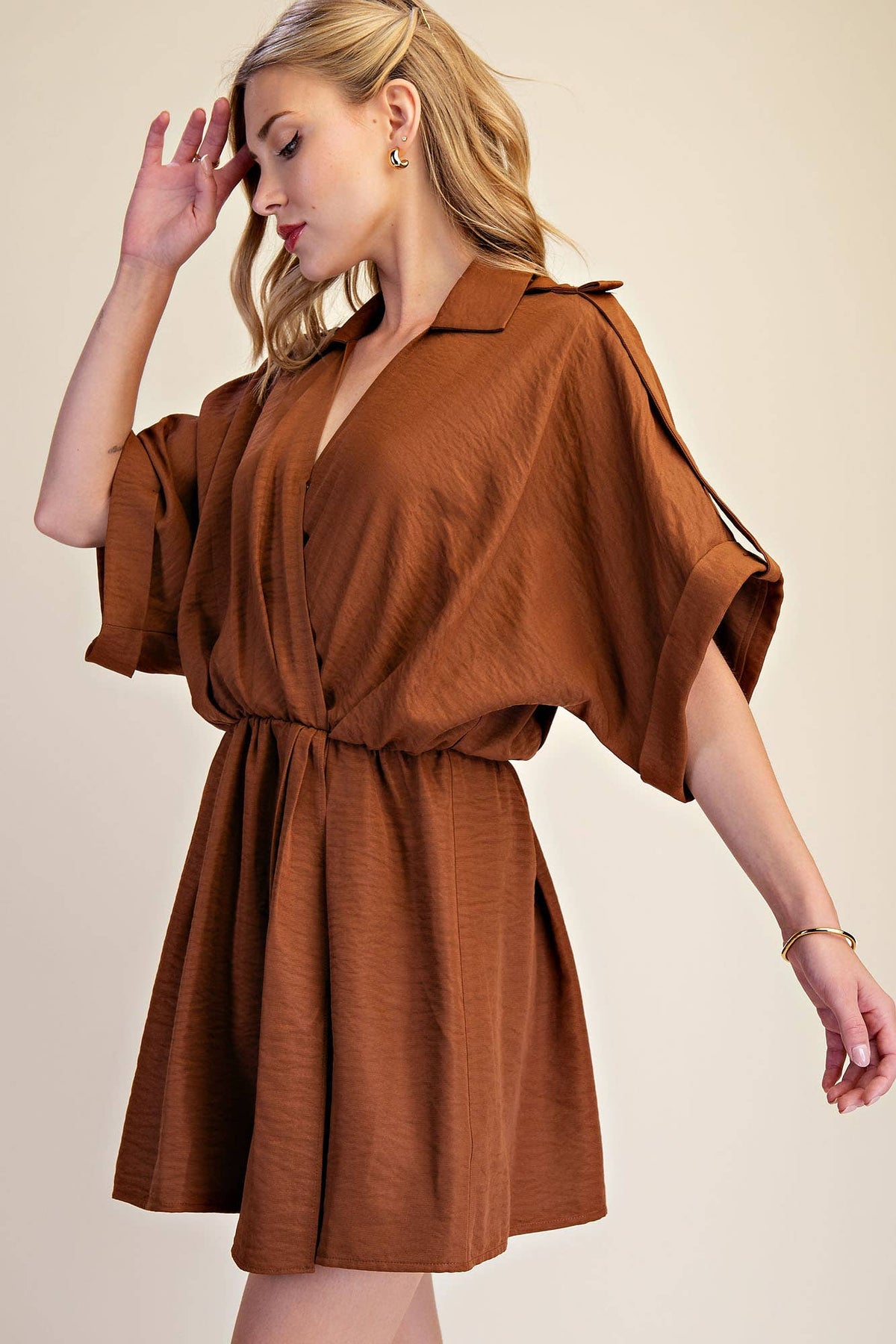 Lapel Collar With V-neckline Wrap Dress: Burgundy / M