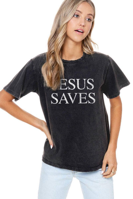 "Jesus Saves" Graphic Mineral Washed Tee: BLACK