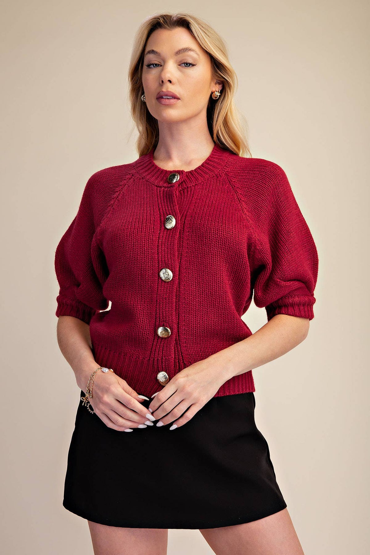 Puff Sleeve Sweater Cardigan: Black / S