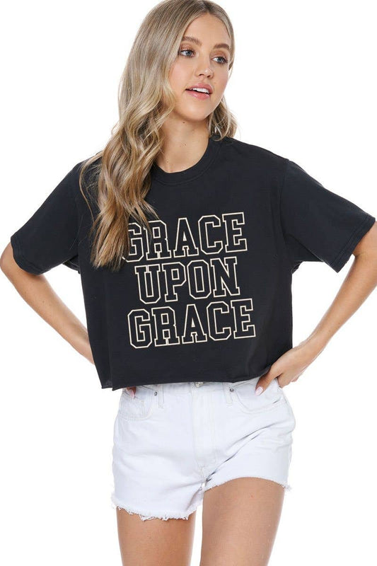 "Grace Upon Grace" Graphic Faux Cropped Tee: INK