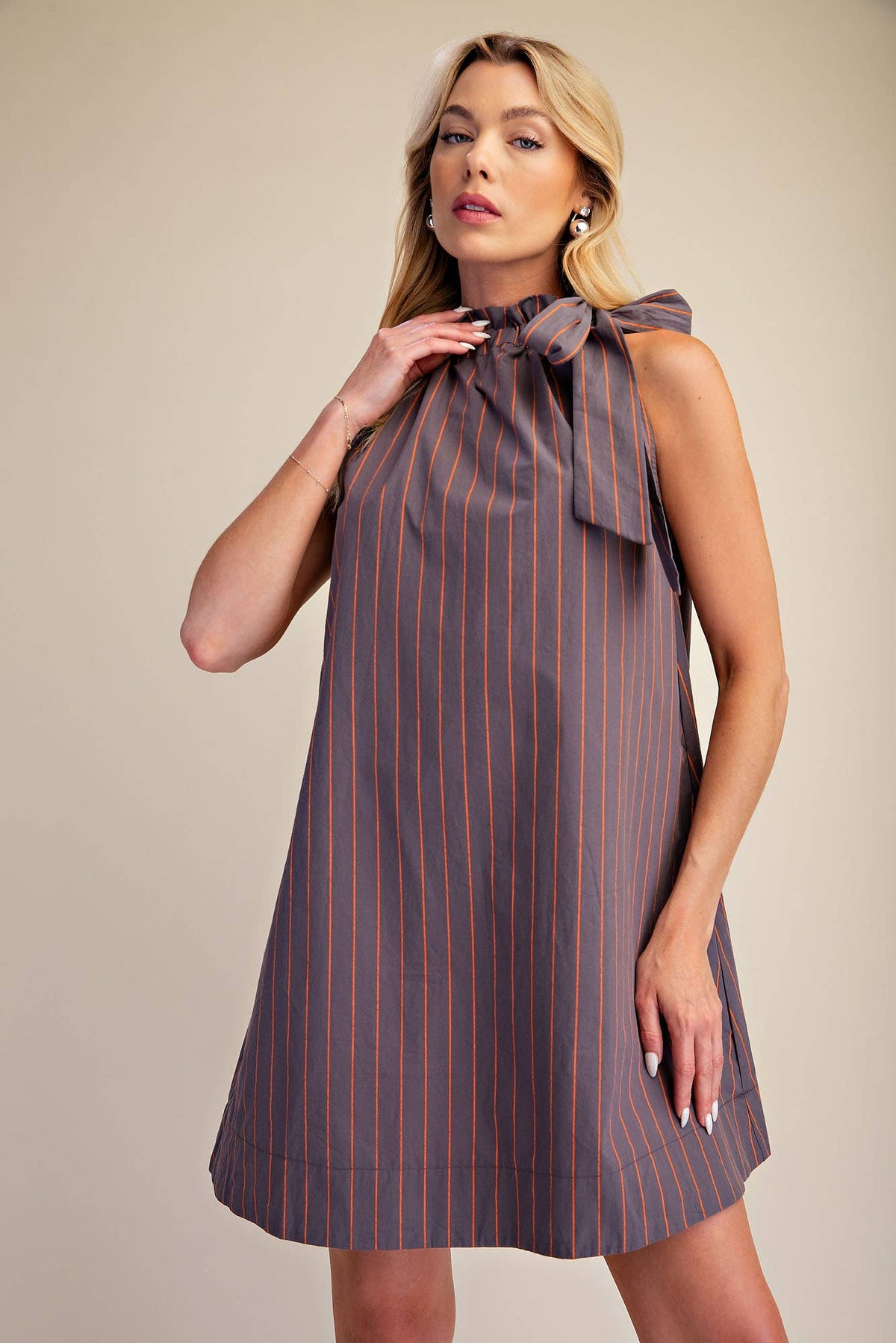 Stripe Mini Dress Ruffle Neck Adjustable Tie Sleeveless: Camel/Slate / L