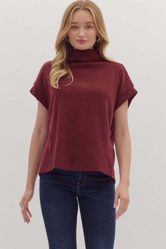 Garnet Solid Short Sleeve Mock Neck Top Featuring Rolled Cuffs