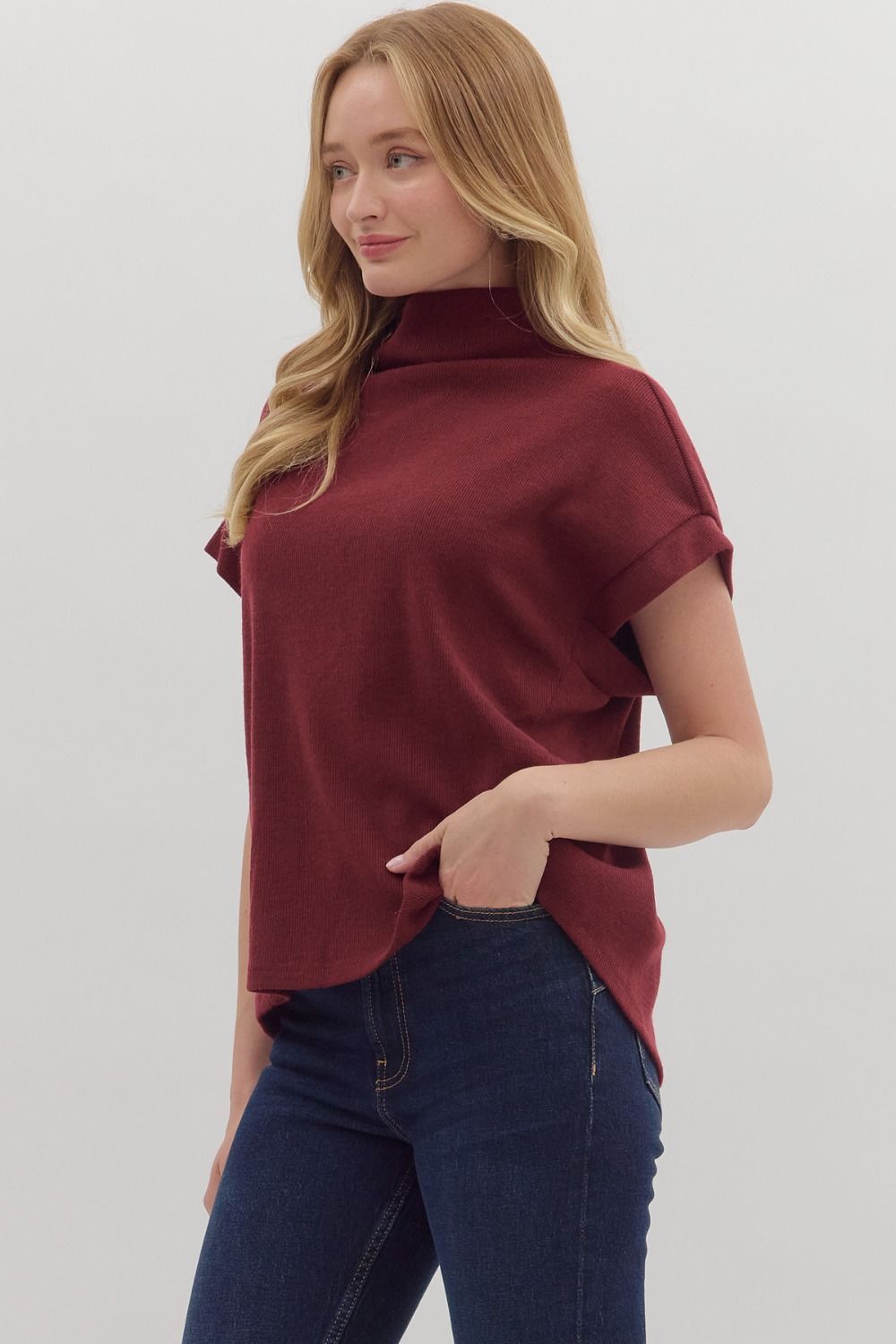 Garnet Solid Short Sleeve Mock Neck Top Featuring Rolled Cuffs