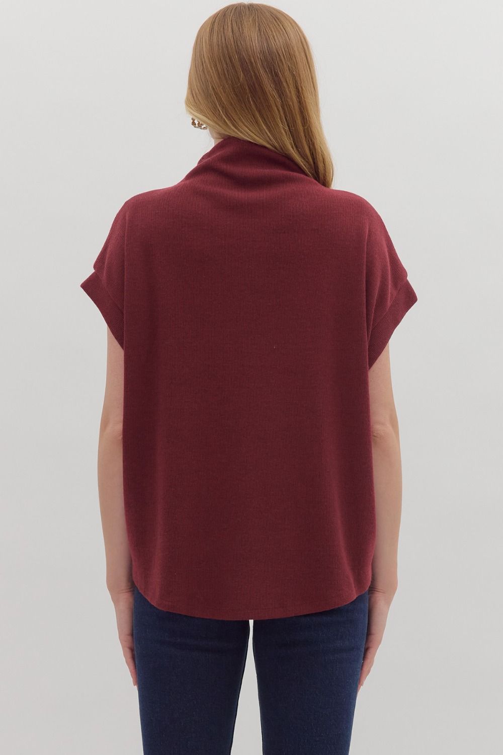Garnet Solid Short Sleeve Mock Neck Top Featuring Rolled Cuffs