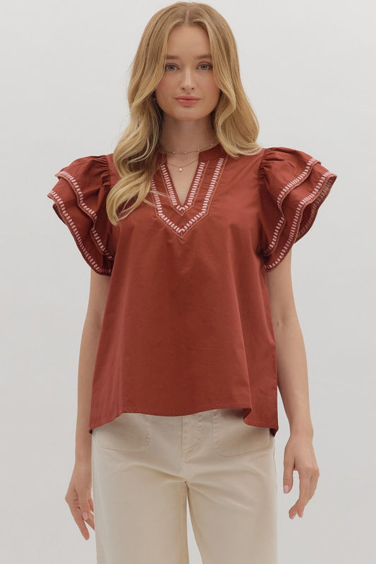 Jordan Ruffle Flutter Sleeve Top in Brick