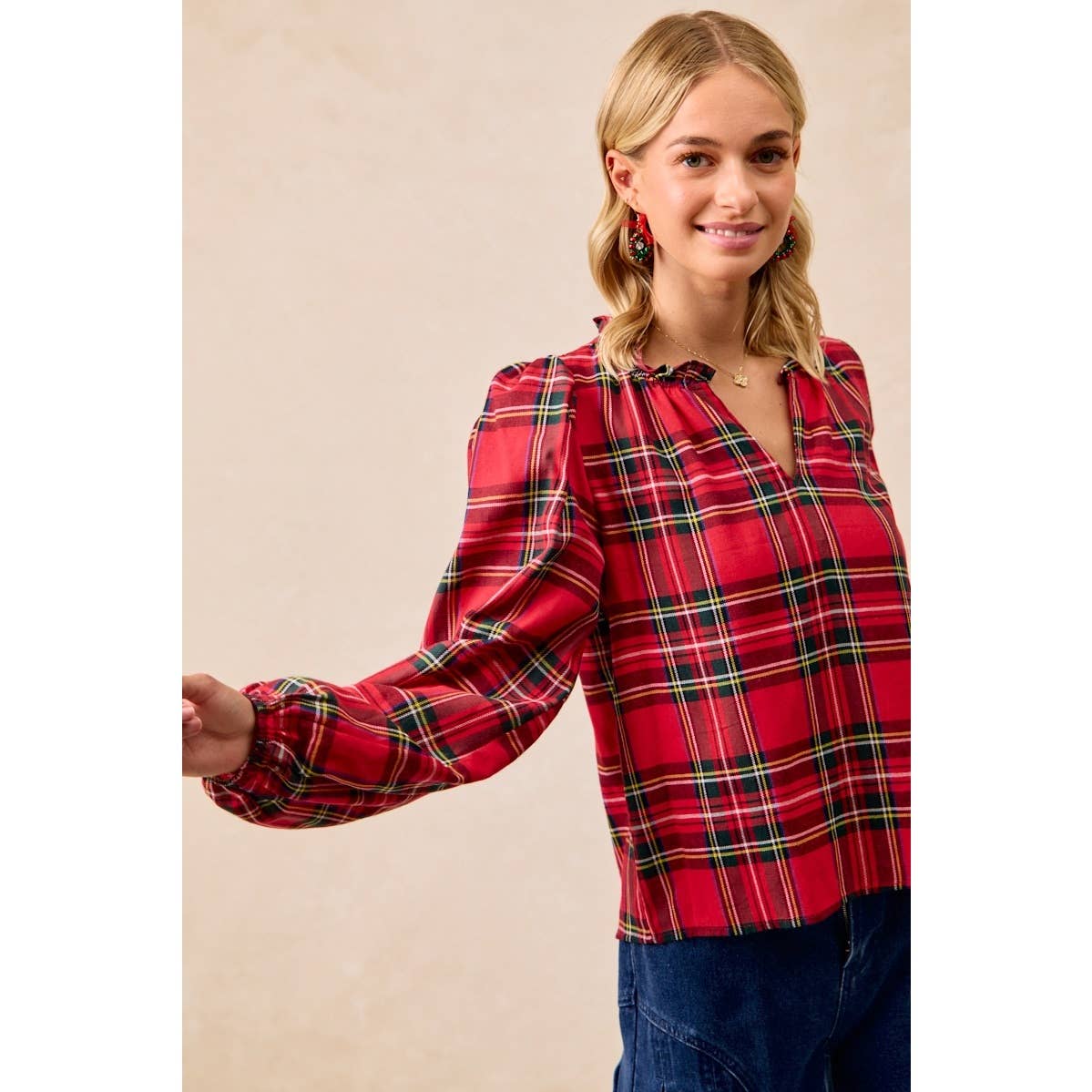 CHRISTMAS PLAID BALLOON SLEEVES RUFFLED V-NECK TOP: RED PLAID / S