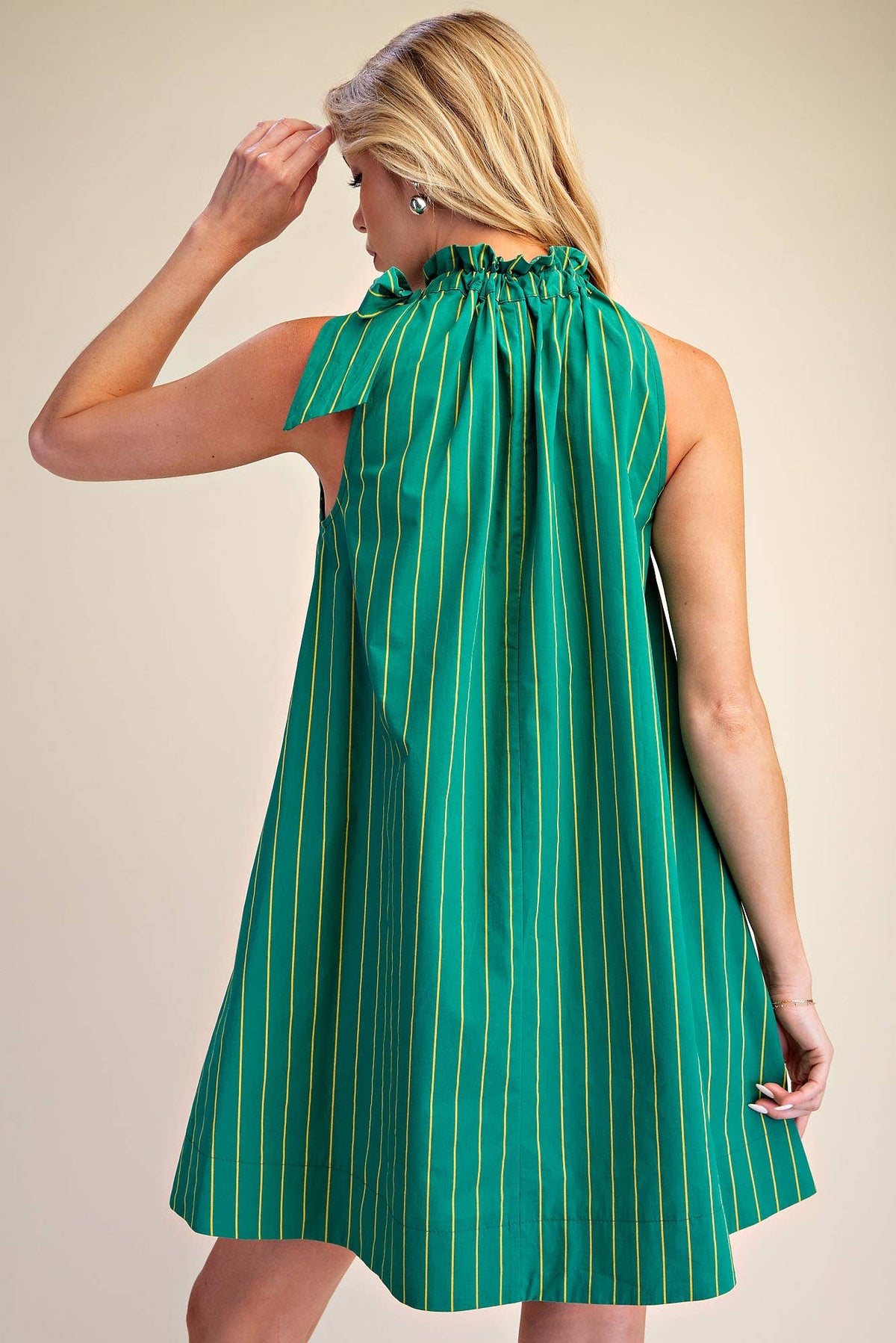 Stripe Mini Dress Ruffle Neck Adjustable Tie Sleeveless: Camel/Slate / L