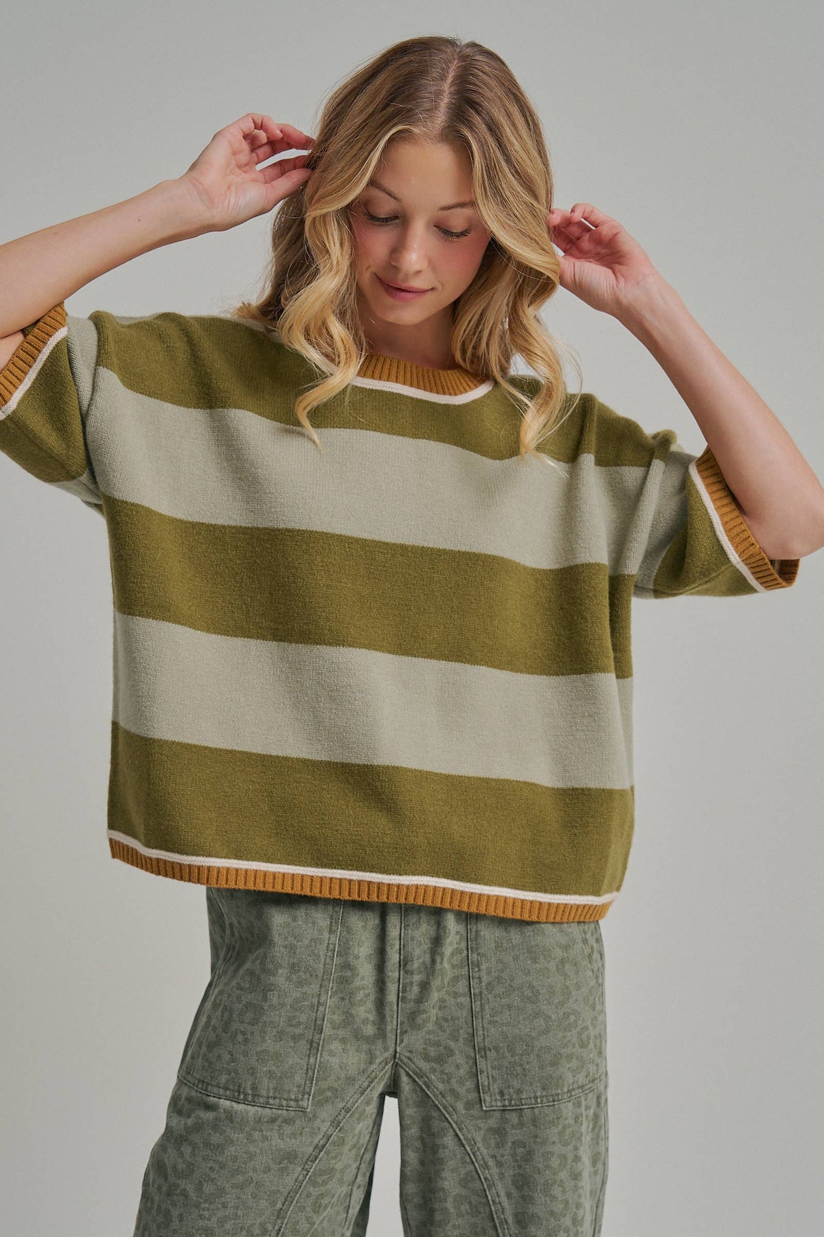 WIDE STRIPE LOOSE FIT DROP SHOULDER SWEATER TOP_JLT00303-01: BLUE/BROWN / S-M-L(2-2-2)