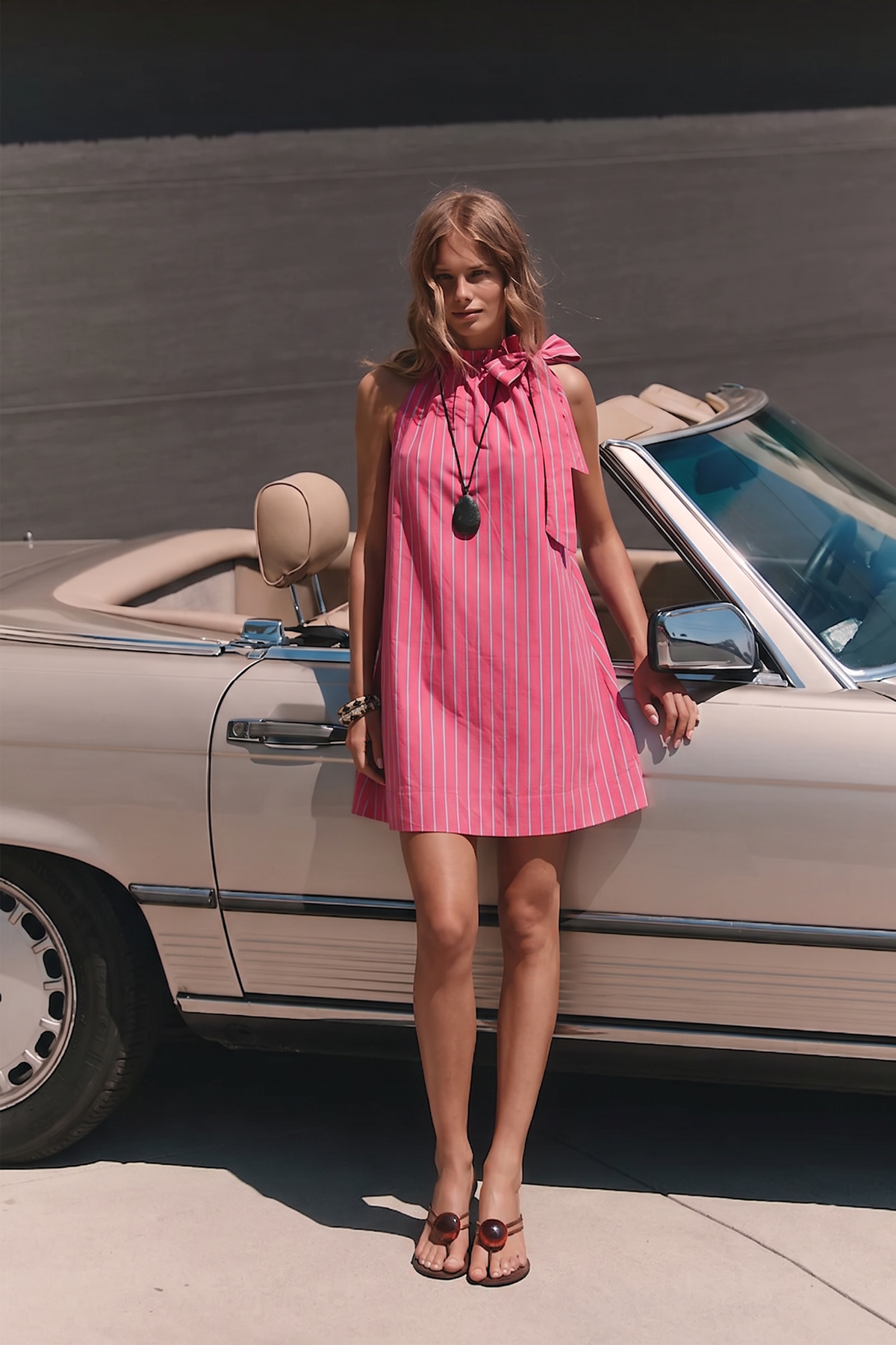 Stripe Mini Dress Ruffle Neck Adjustable Tie Sleeveless: Camel/Slate / L