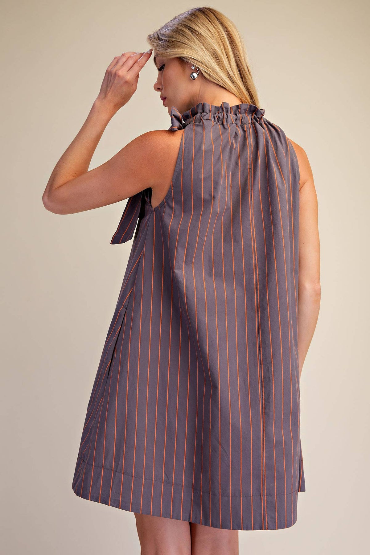 Stripe Mini Dress Ruffle Neck Adjustable Tie Sleeveless: Camel/Slate / L