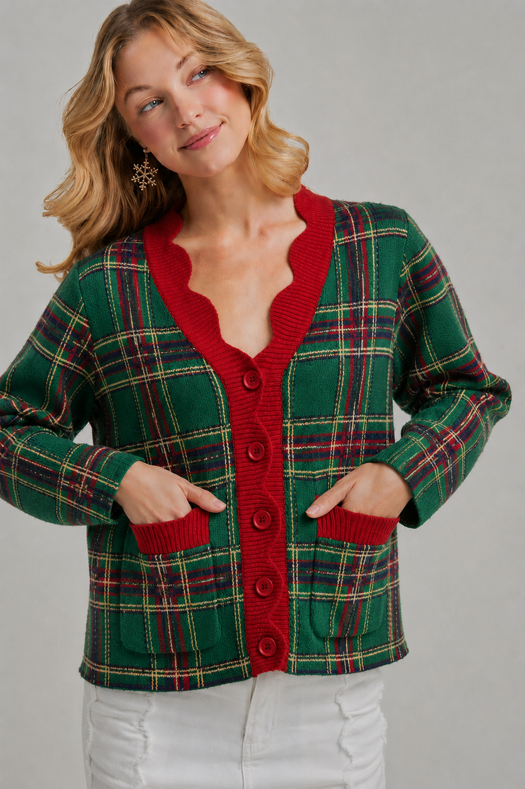 CHRISTMAS PLAID CHECK SWEATER CARDIGAN _JLT00401-02: NAVY CHECK / S-M-L(2-2-2)