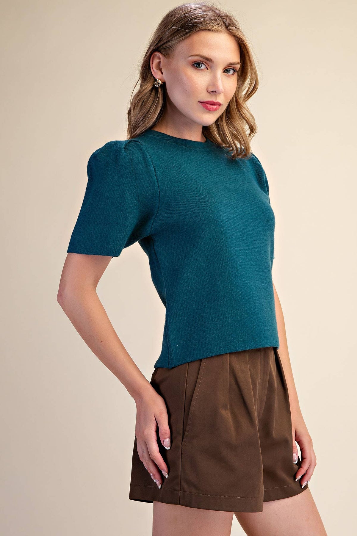 Puff Sleeve Pullover Knit Top: Teal / L