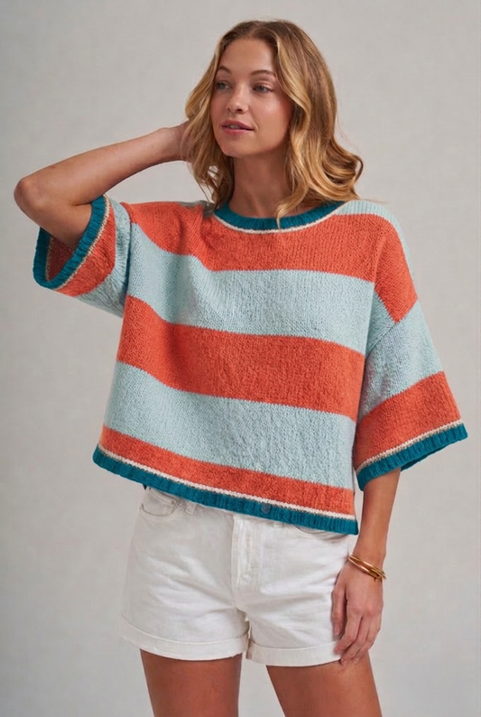 WIDE STRIPE LOOSE FIT DROP SHOULDER SWEATER TOP_JLT00303-01: SAGE/OLIVE / S-M-L(2-2-2)
