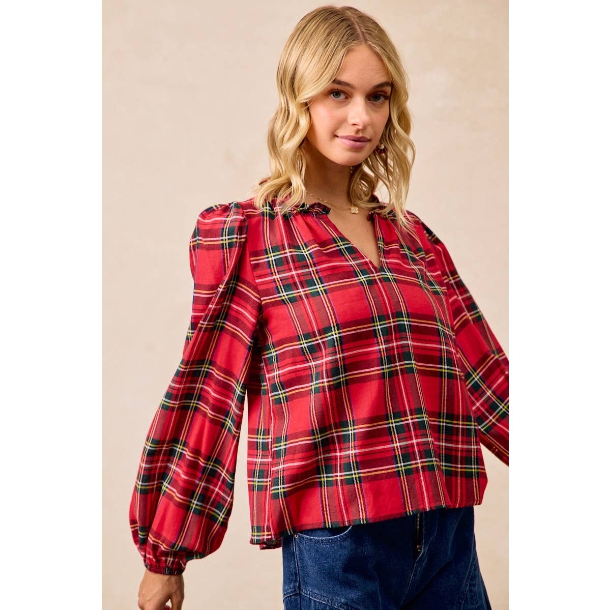 CHRISTMAS PLAID BALLOON SLEEVES RUFFLED V-NECK TOP: RED PLAID / S