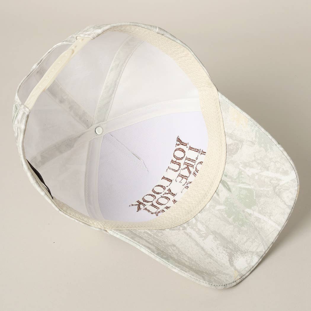 "You Look Like You Love Me" Embroidery Camo Cap: BEIGE CAMO-BEIGE